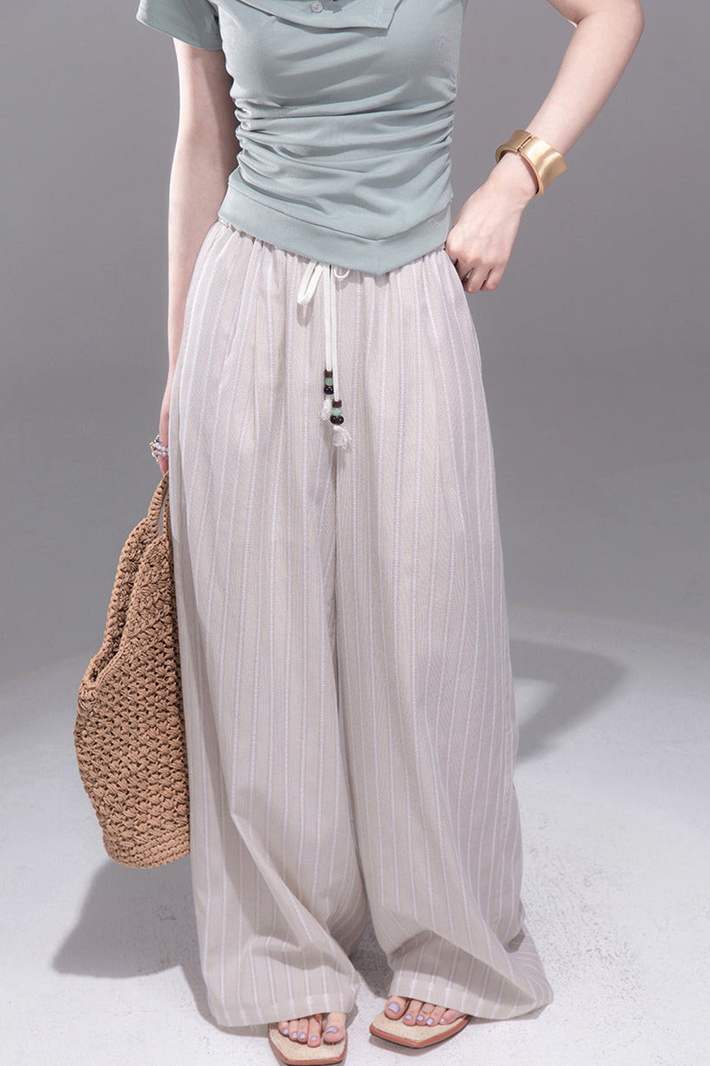 Linen Striped Wide-Leg Pants