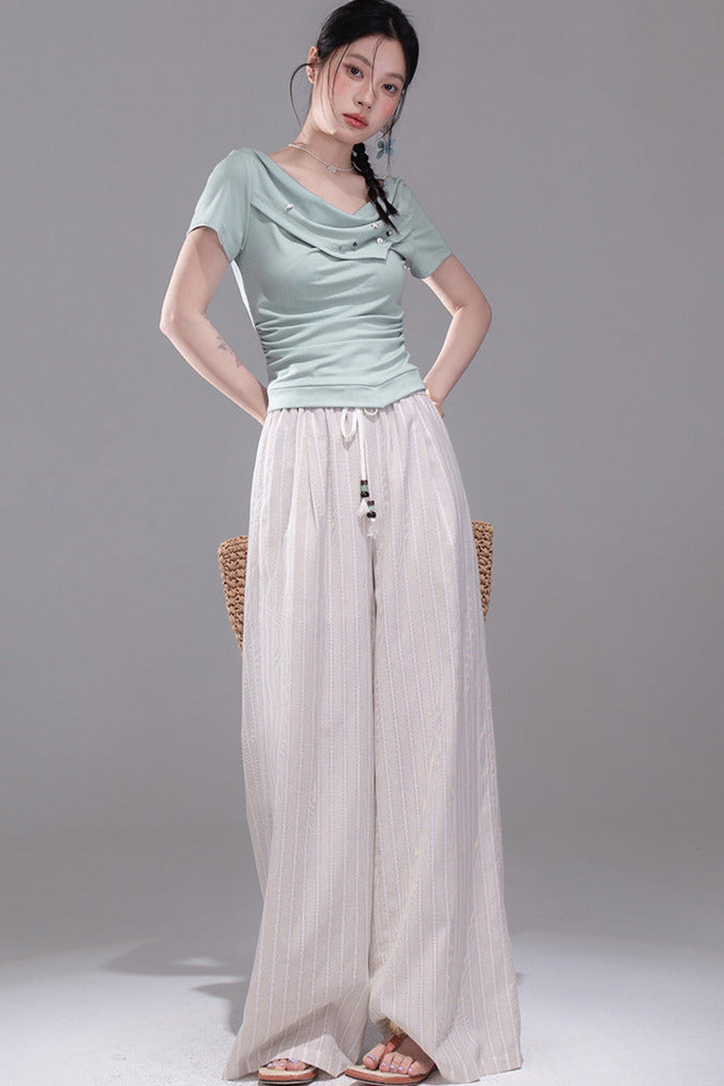 Linen Striped Wide-Leg Pants