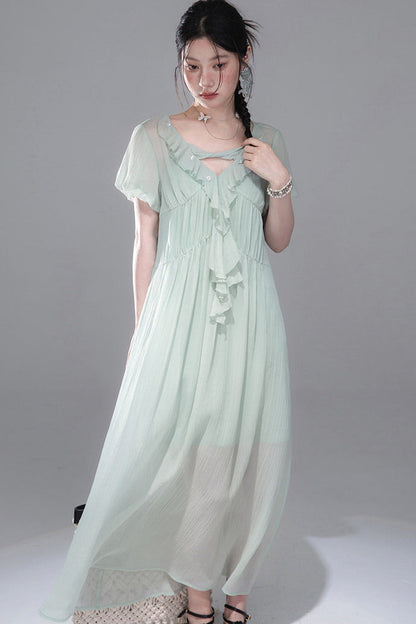 Lyocell Chiffon Puff Sleeve Dress