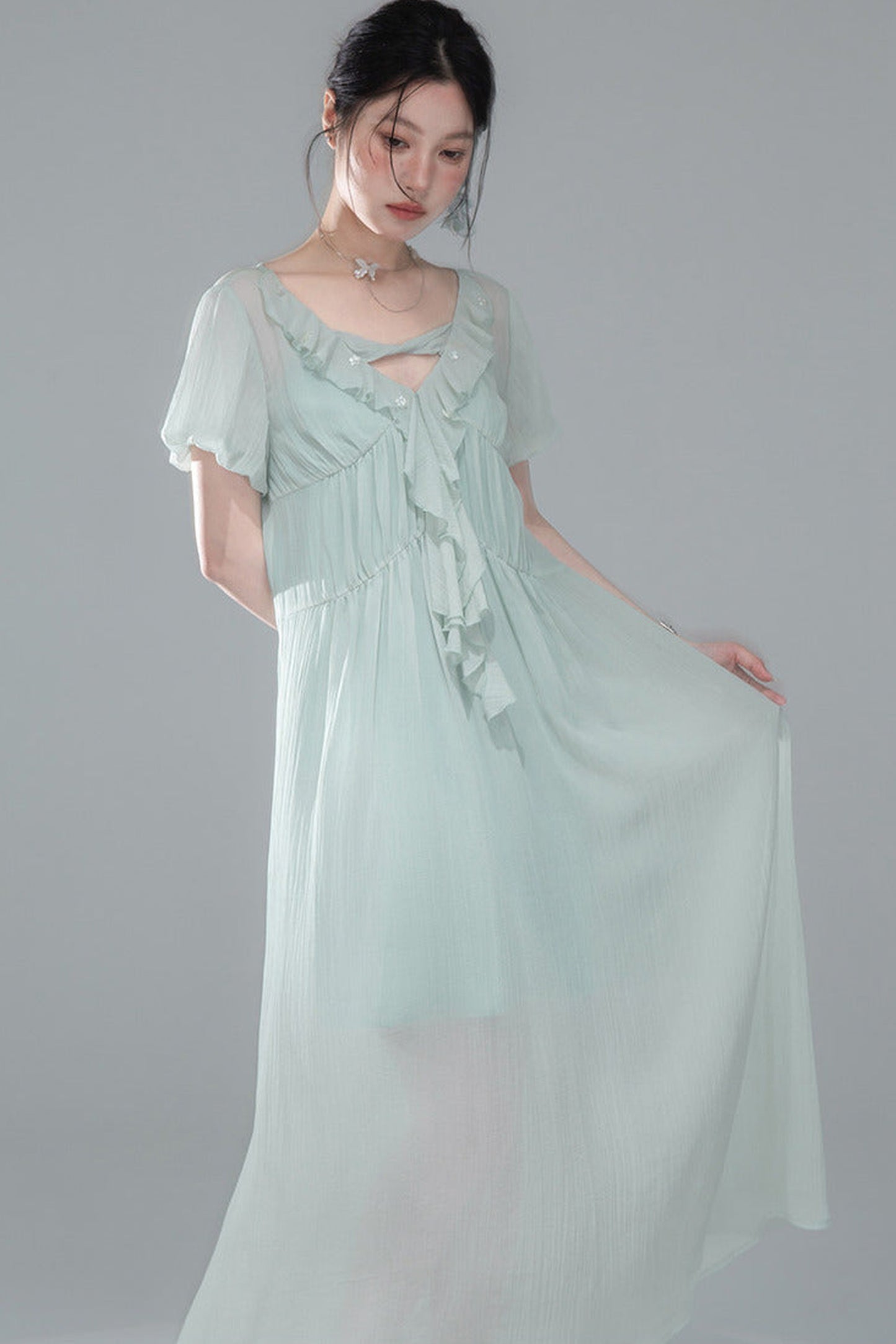 Lyocell Chiffon Puff Sleeve Dress