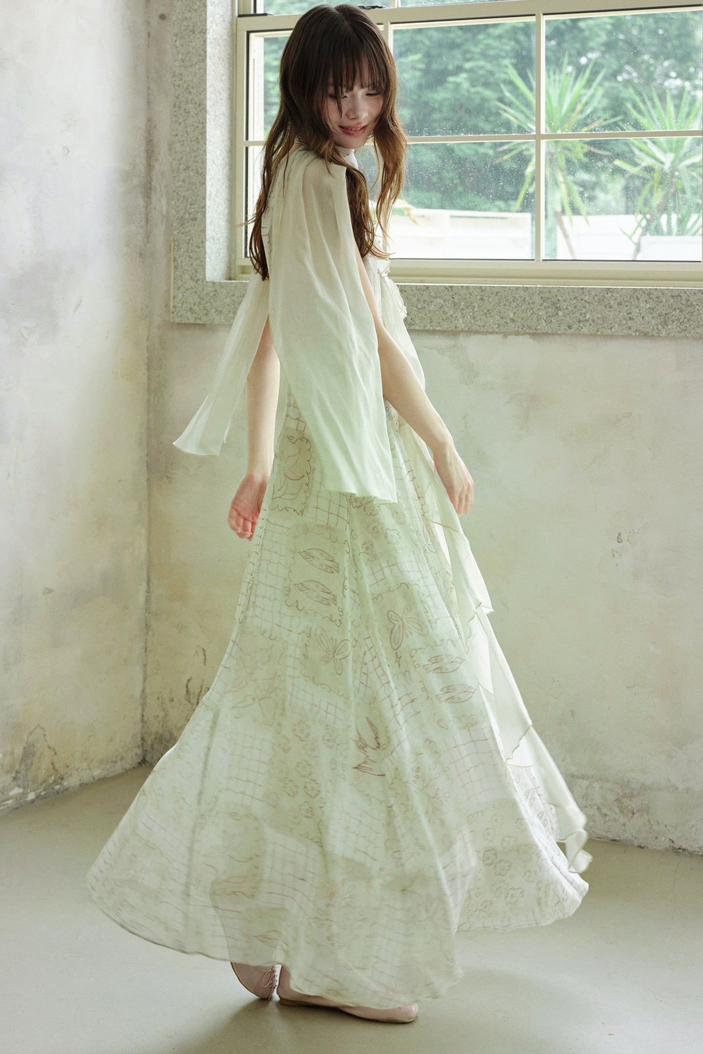 Ruffled Chiffon Grid Long Dress