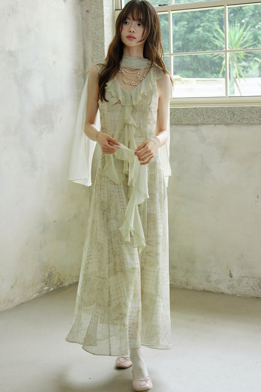 Robe longue à carreaux en mousseline à volants