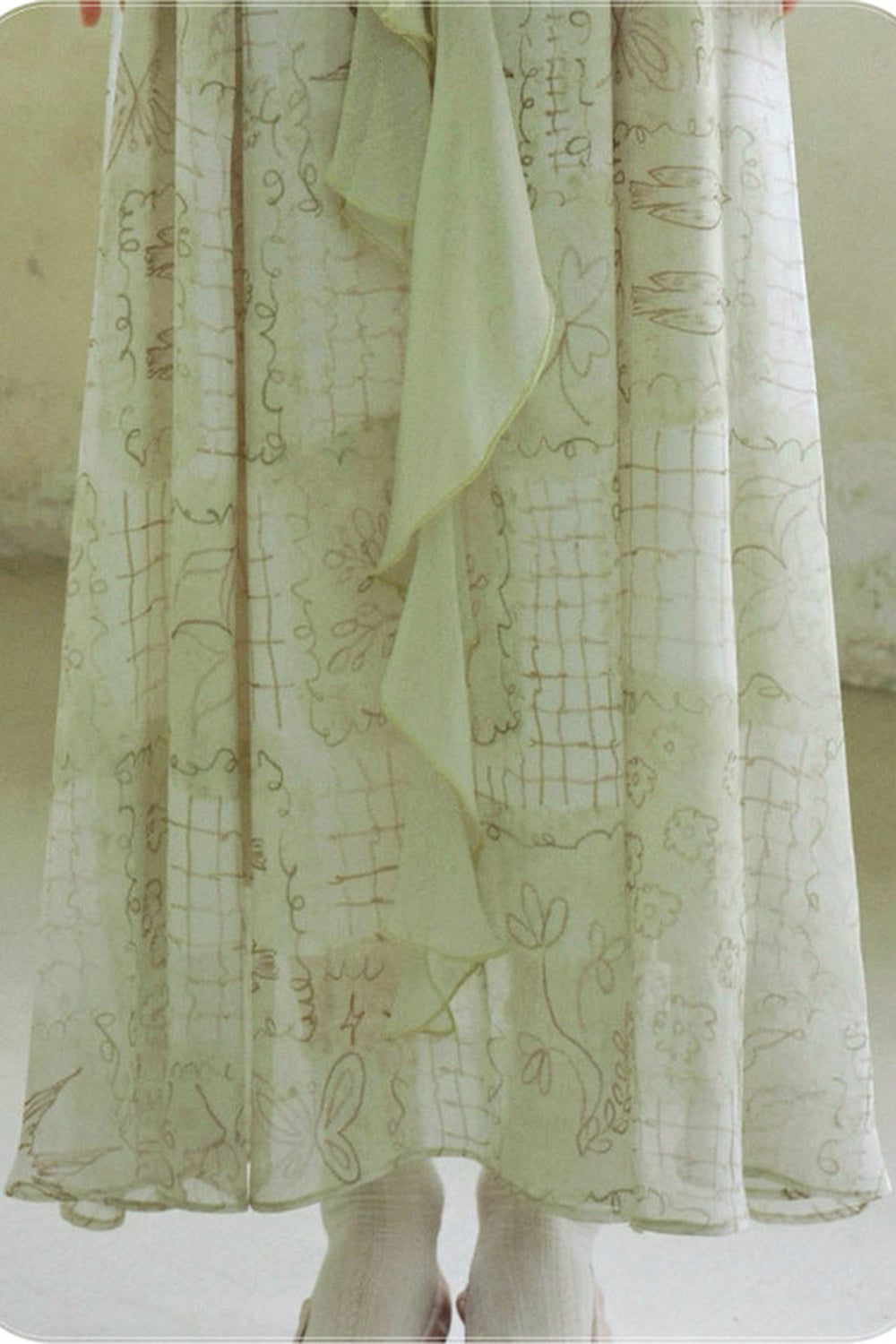 Ruffled Chiffon Grid Long Dress