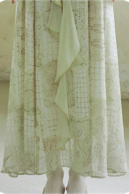 Ruffled Chiffon Grid Long Dress
