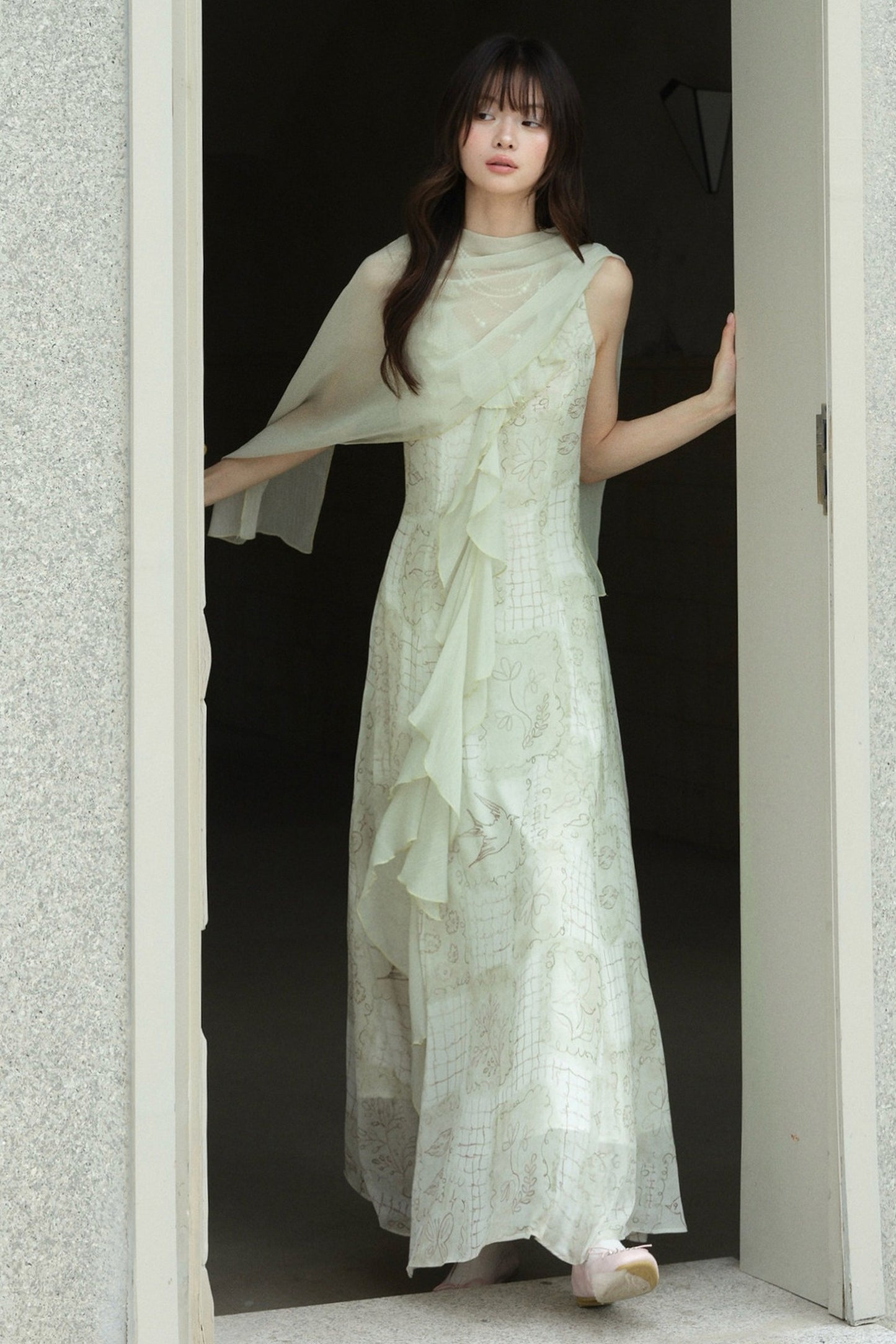 Ruffled Chiffon Grid Long Dress