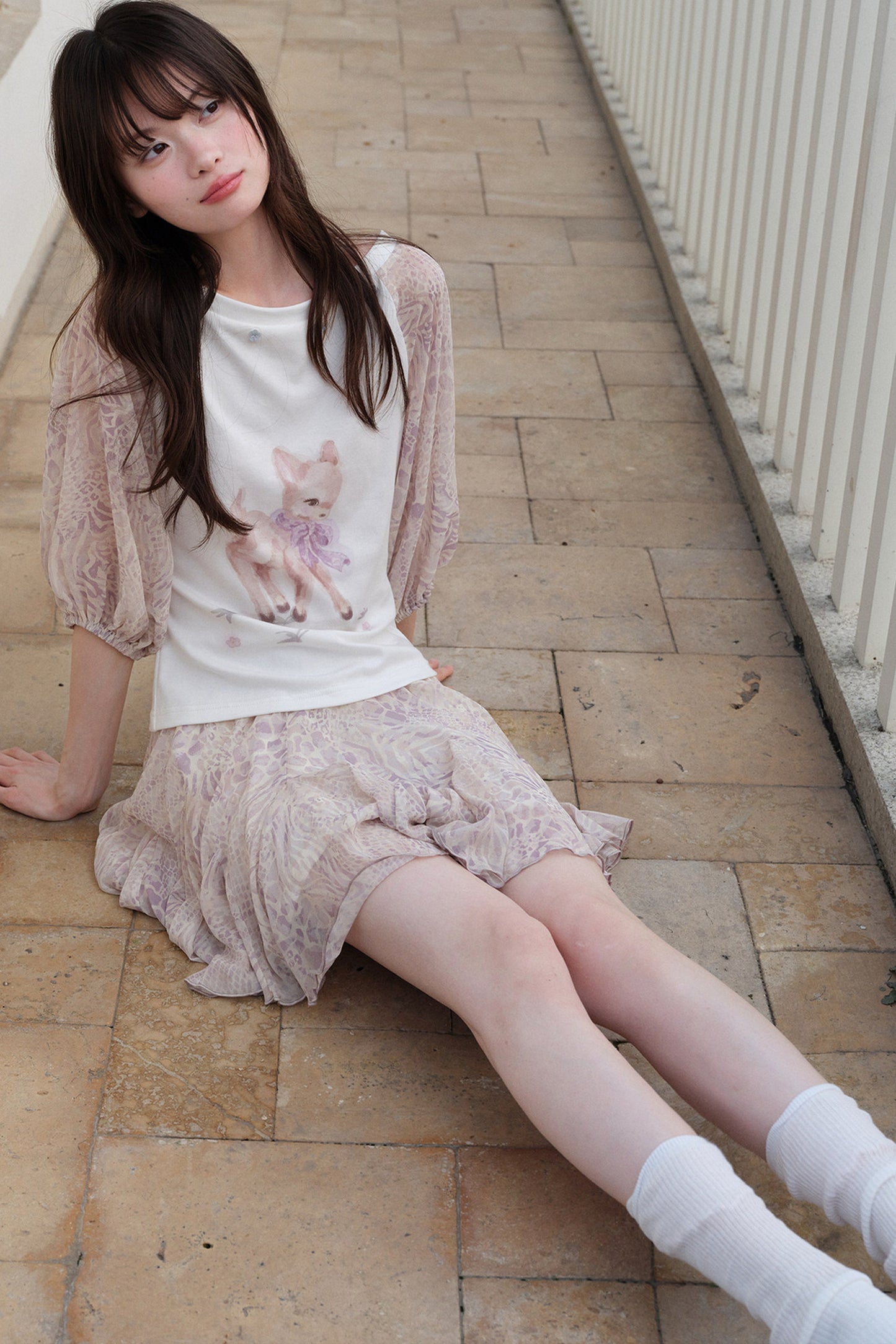 Deer Print T-Shirt and Chiffon Skirt Set-Up