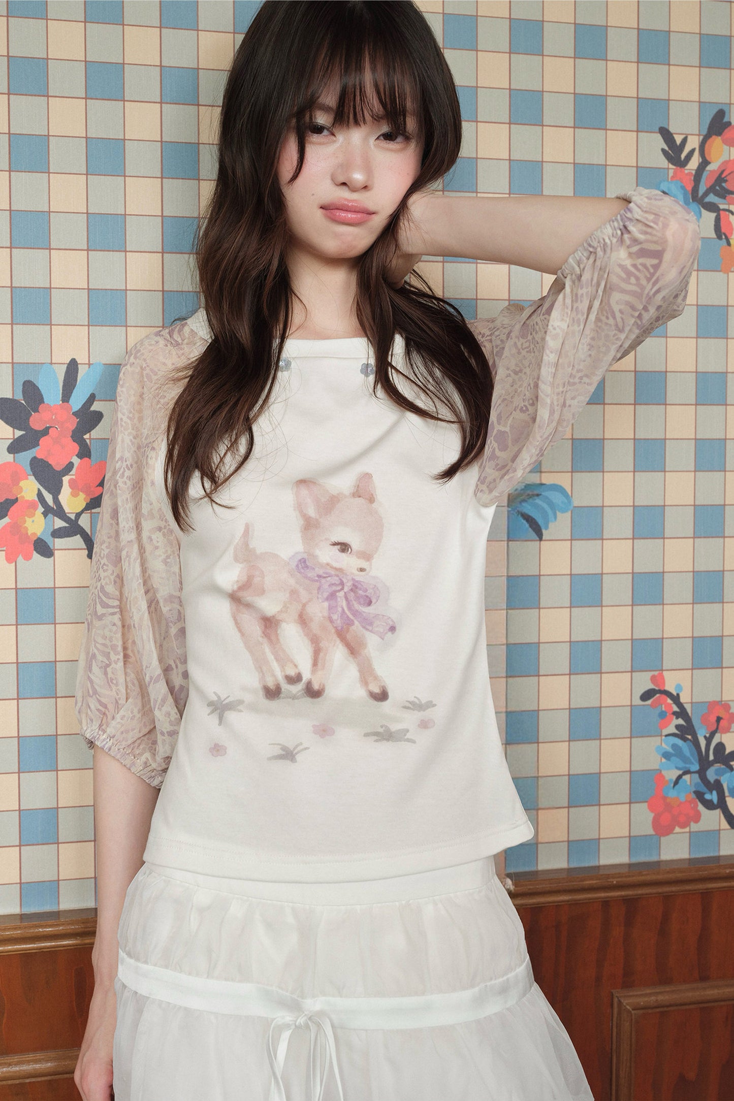 Deer Print T-Shirt and Chiffon Skirt Set-Up
