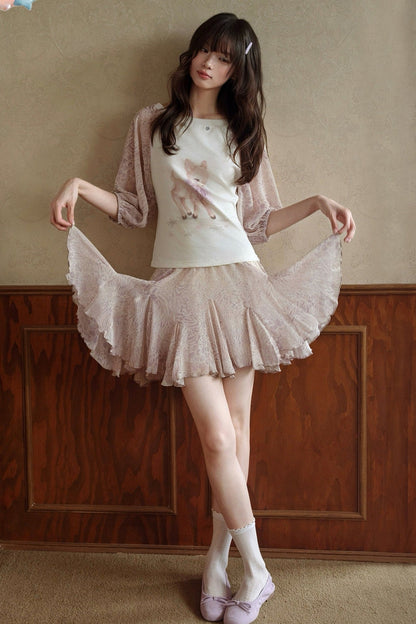 Deer Print T-Shirt and Chiffon Skirt Set-Up