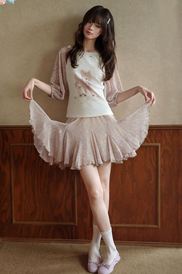 Deer Print T-Shirt and Chiffon Skirt Set-Up