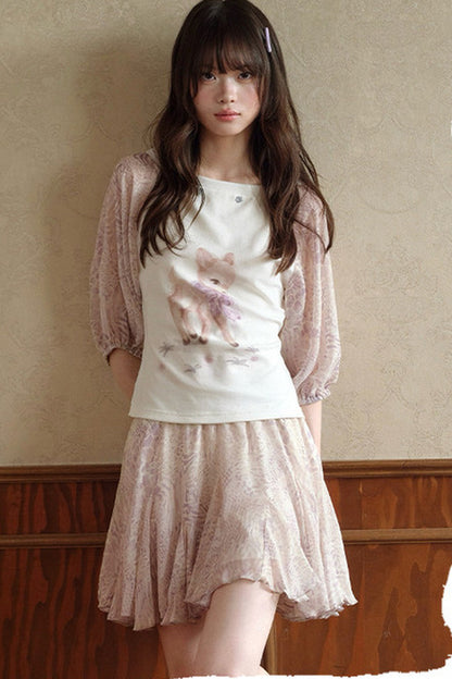 Deer Print T-Shirt and Chiffon Skirt Set-Up