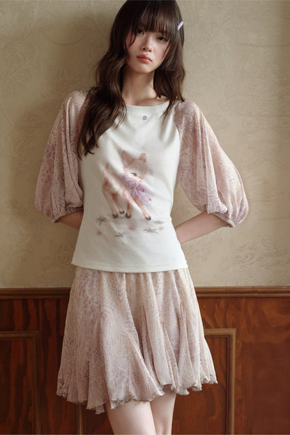 Deer Print T-Shirt and Chiffon Skirt Set-Up
