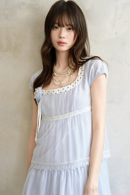 Abito a balze in tulle floreale azzurro chiaro