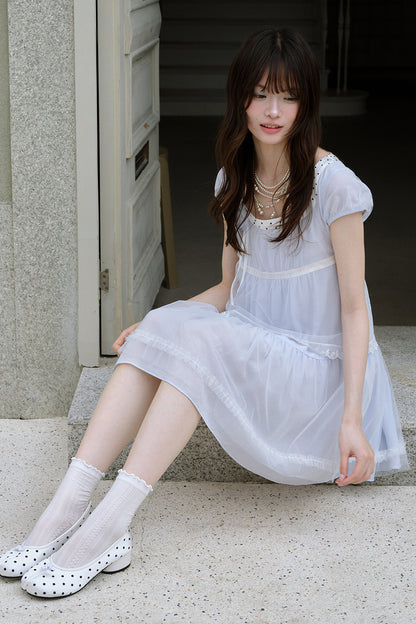 Abito a balze in tulle floreale azzurro chiaro
