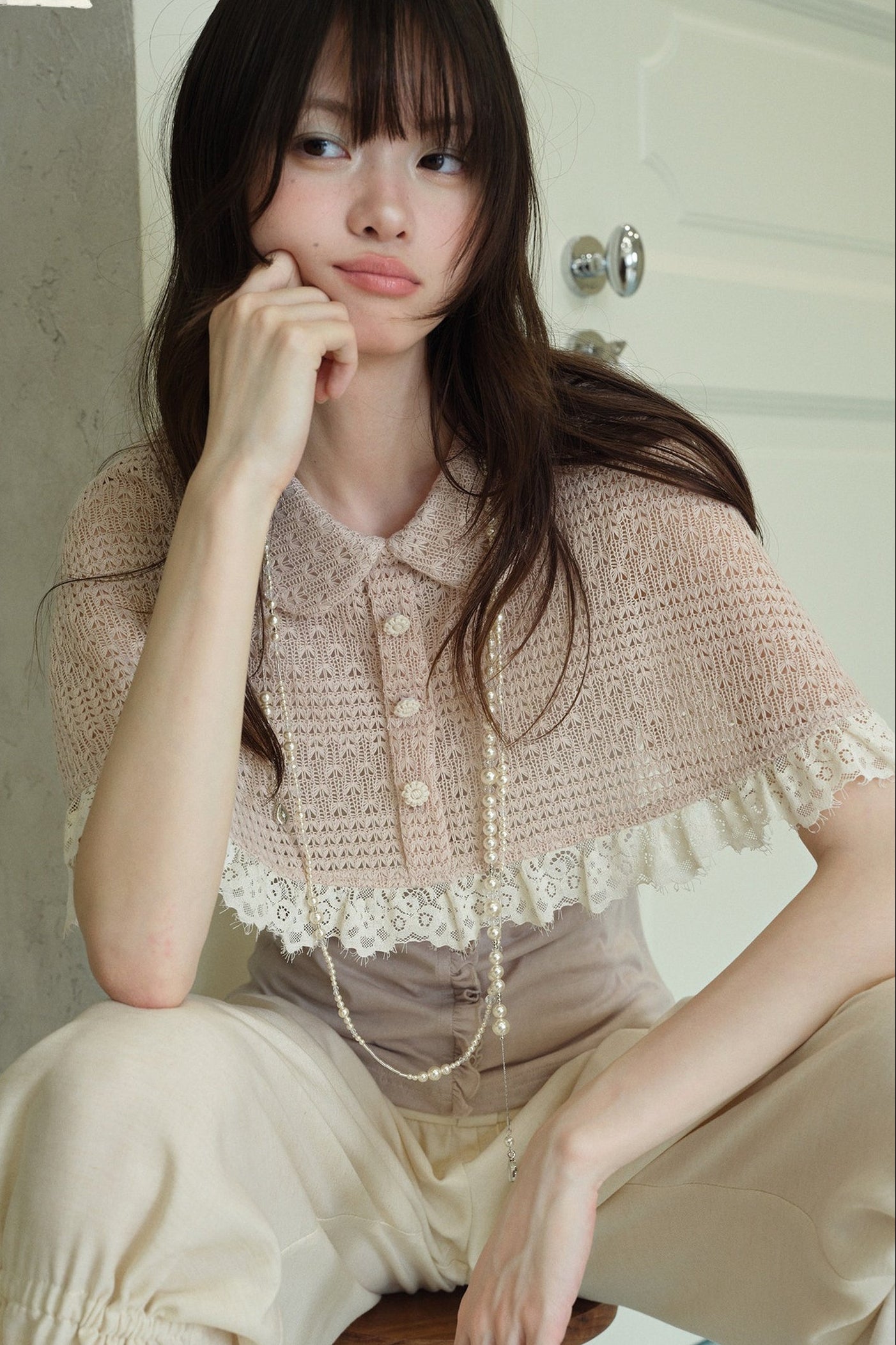 Pink Shawl-Style Cape Knit Top