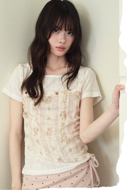 Floral Layered-Look Camisole Short Sleeve Top