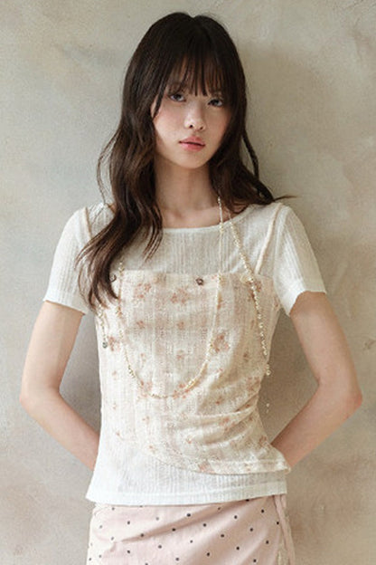 Floral Layered-Look Camisole Short Sleeve Top