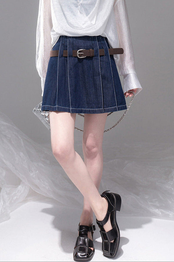 Night Blue Pleated Denim Skirt