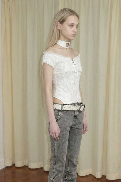 Low-Waisted Flared Pleated Denim Jeans