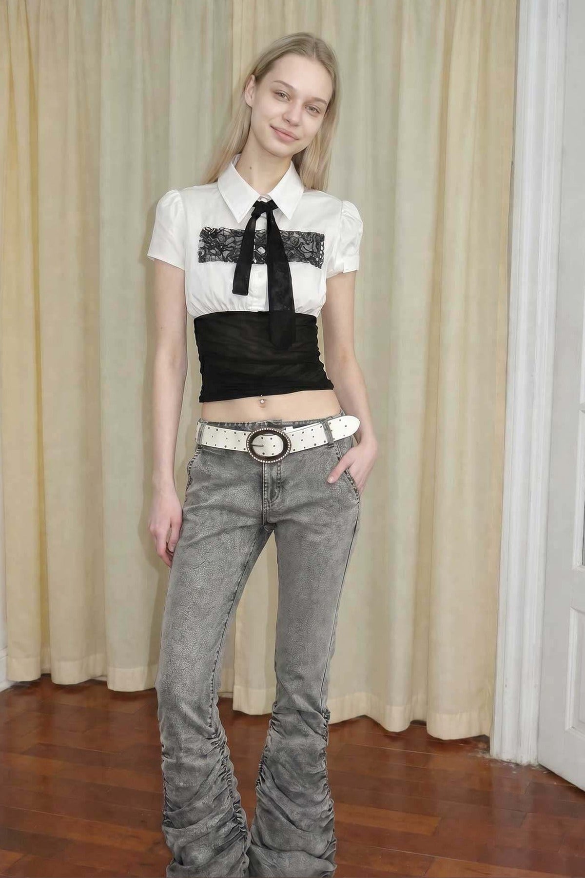Low-Waisted Flared Pleated Denim Jeans