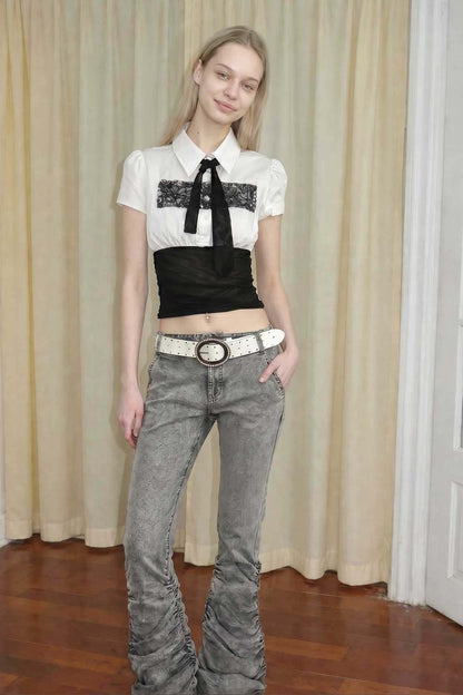 Low-Waisted Flared Pleated Denim Jeans