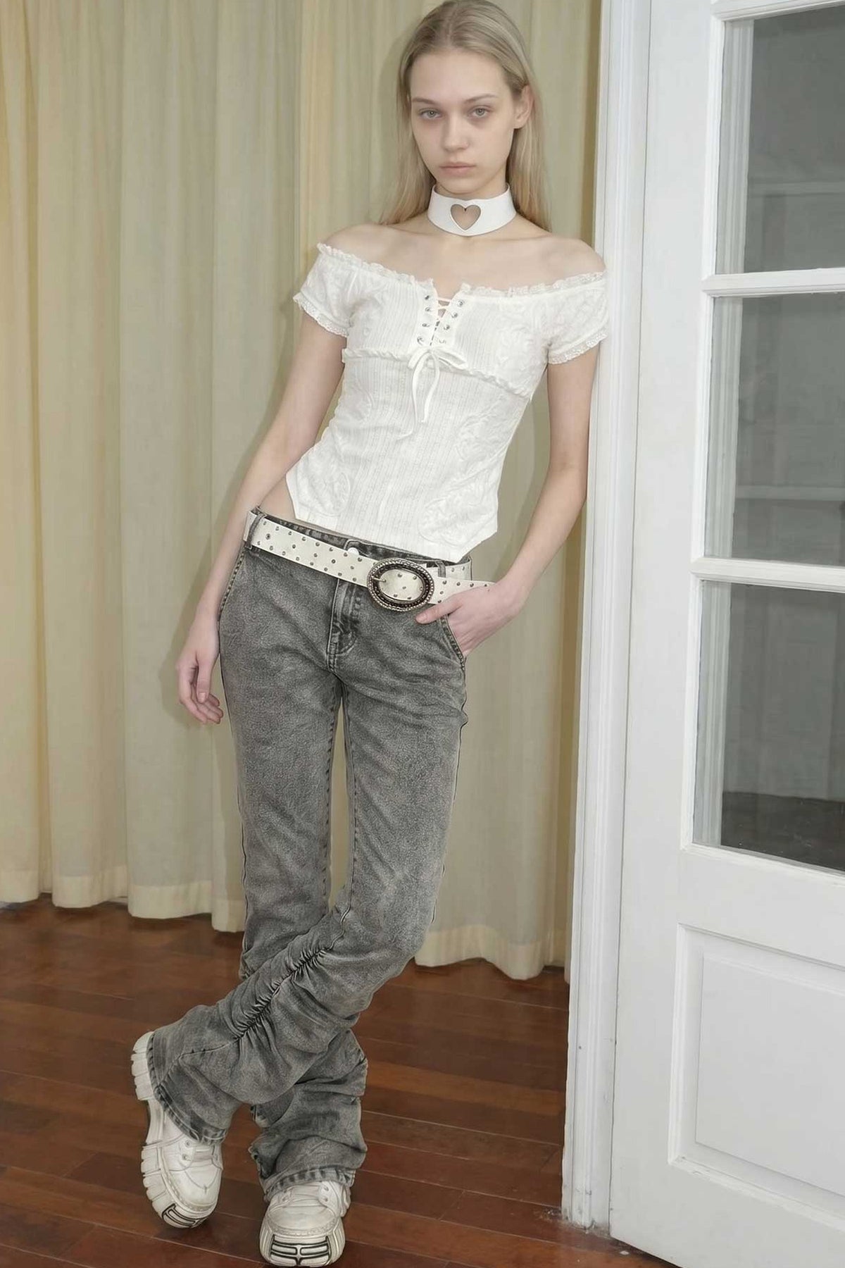 Low-Waisted Flared Pleated Denim Jeans
