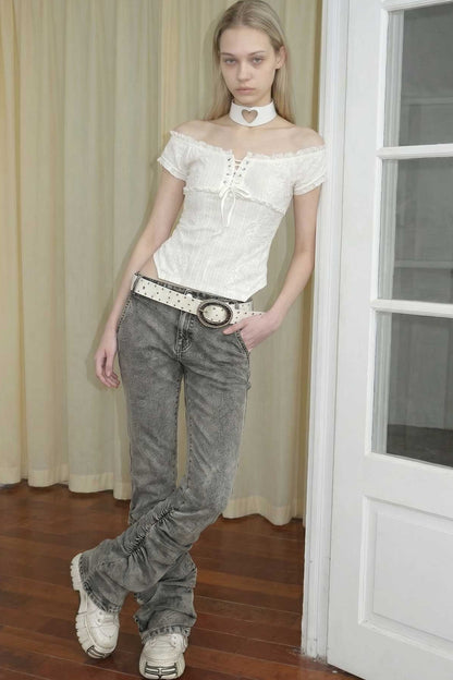 Low-Waisted Flared Pleated Denim Jeans