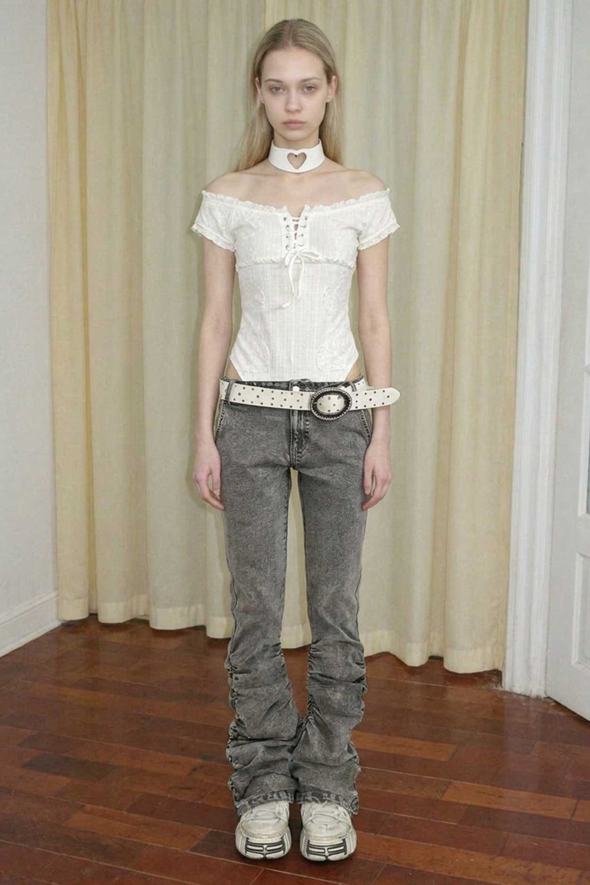 Low-Waisted Flared Pleated Denim Jeans