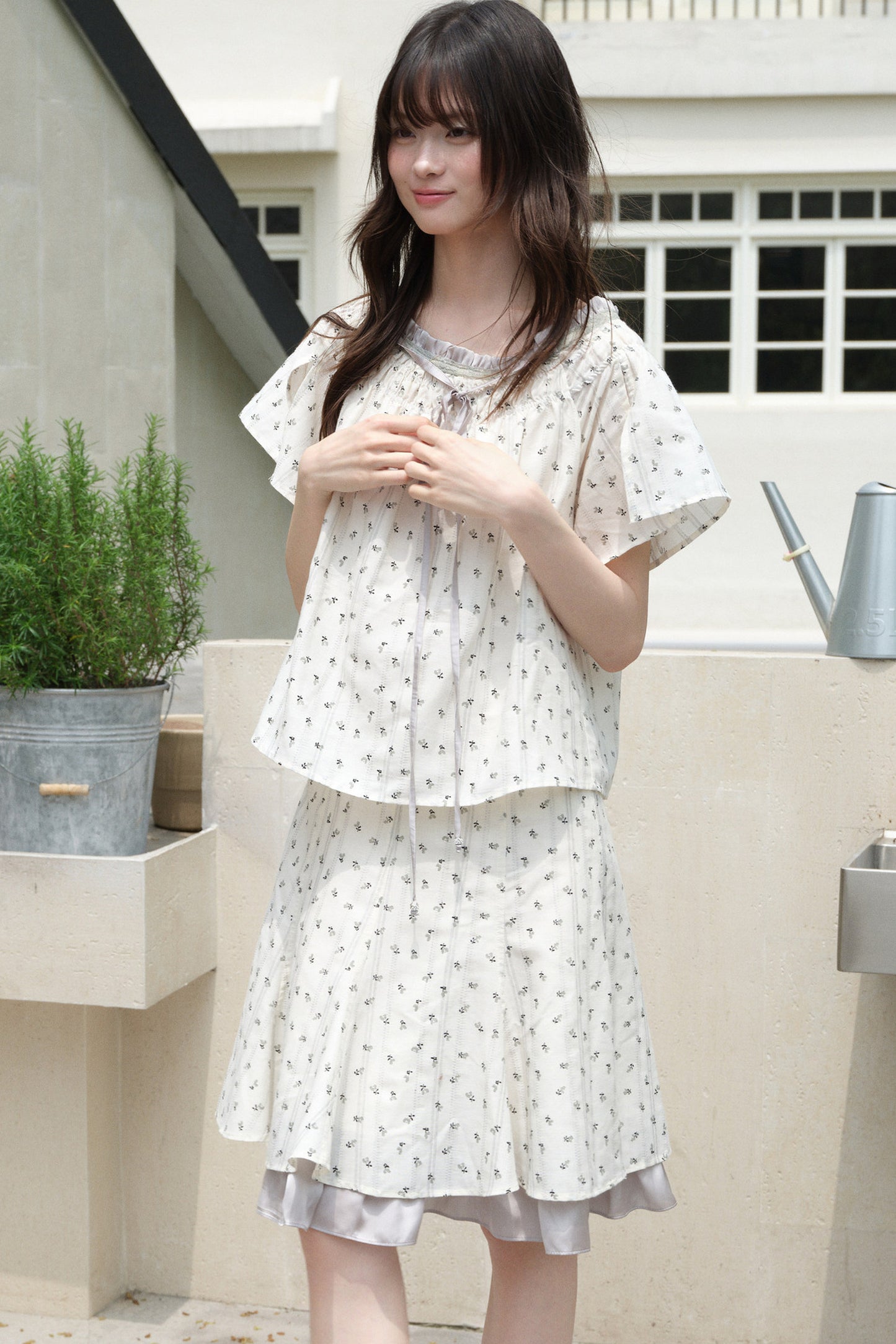 White Gray Floral Ruffle Dress