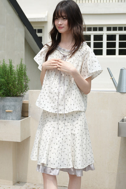 White Gray Floral Ruffle Dress