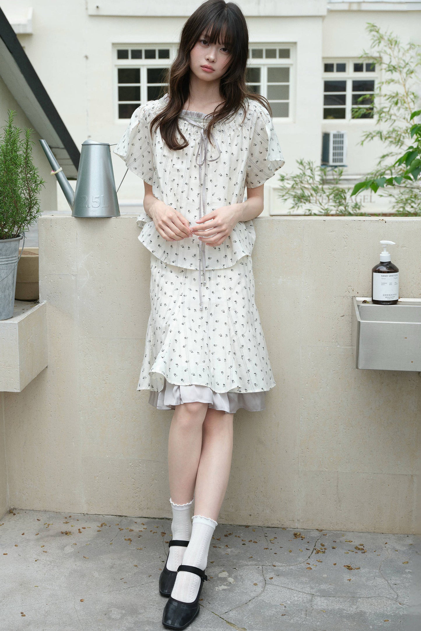 White Gray Floral Ruffle Dress