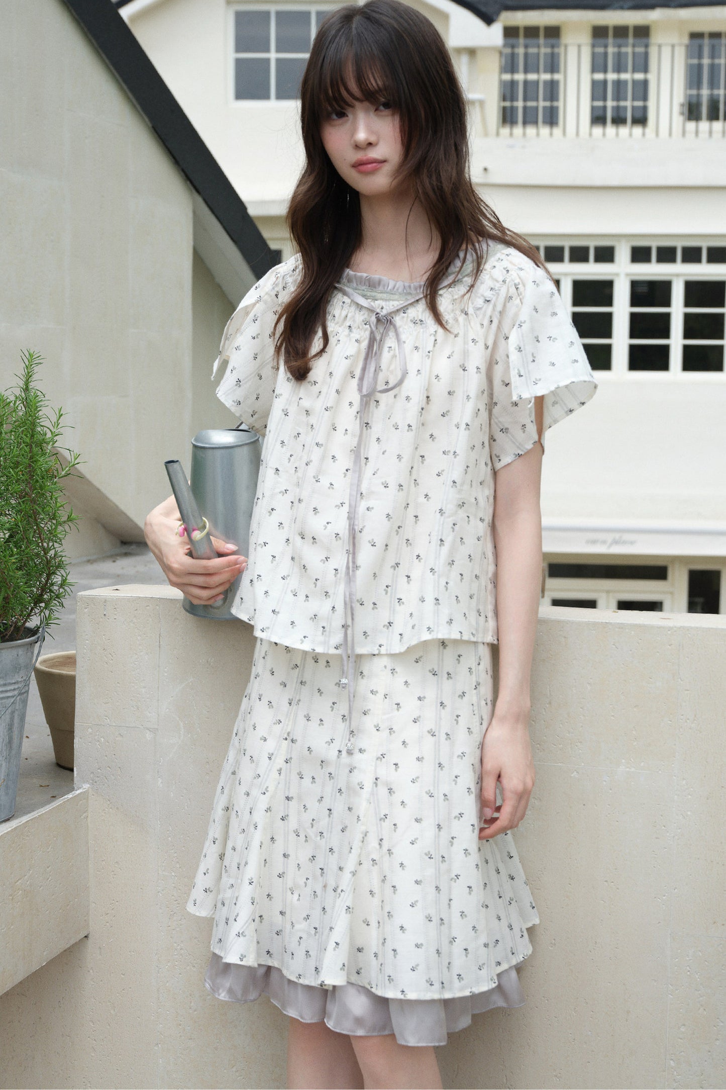 White Gray Floral Ruffle Dress