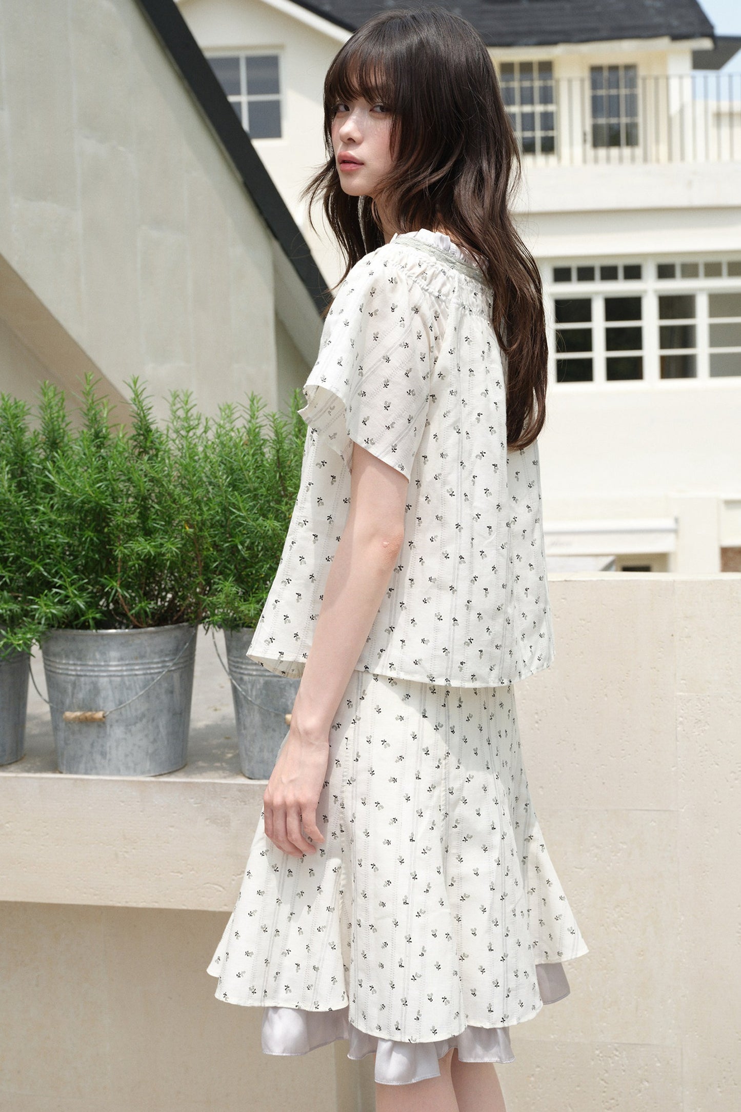 White Gray Floral Ruffle Dress