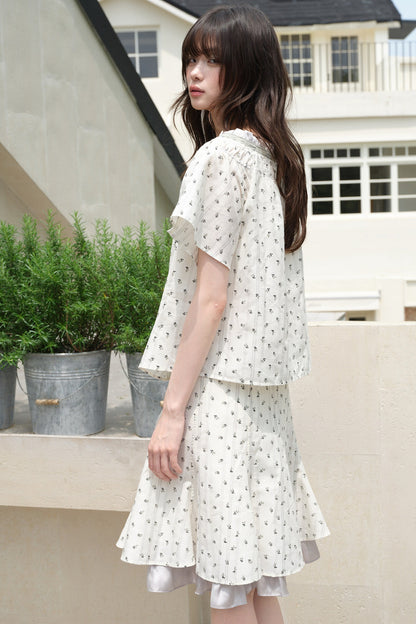 White Gray Floral Ruffle Dress