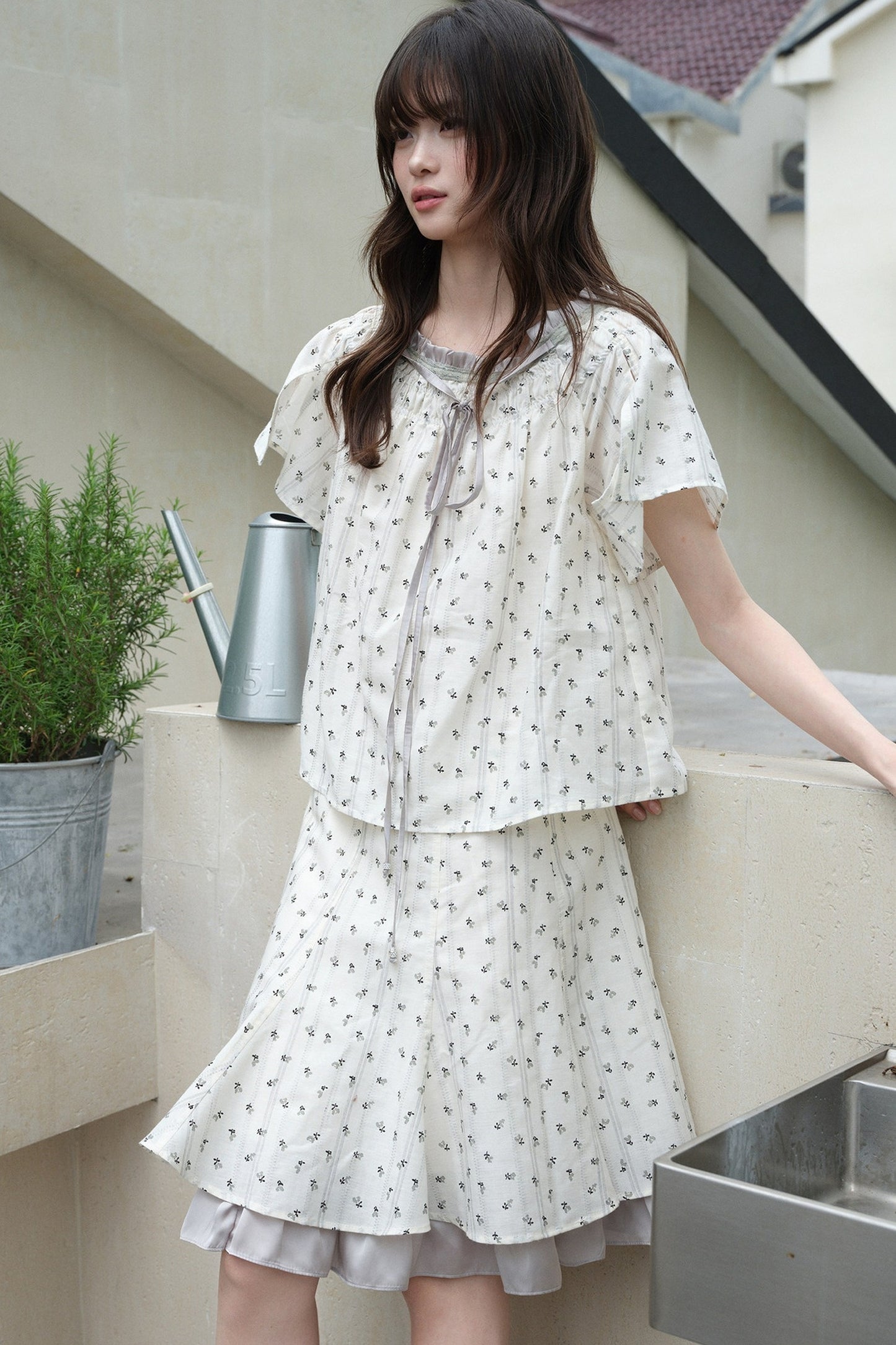 White Gray Floral Ruffle Dress