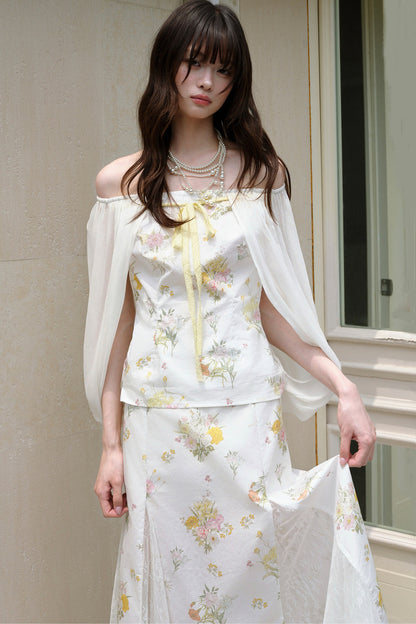 One-Shoulder-Oberteil aus floraler Gaze und Rock-Set