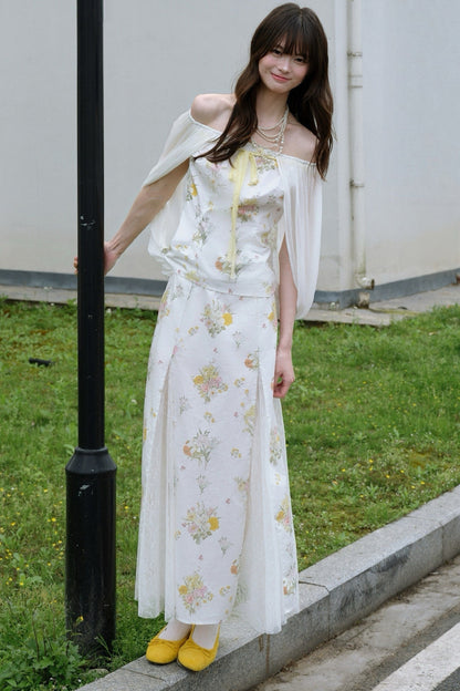 One-Shoulder-Oberteil aus floraler Gaze und Rock-Set