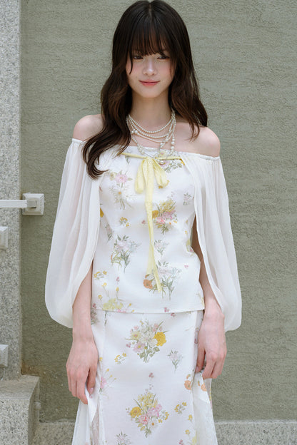 One-Shoulder-Oberteil aus floraler Gaze und Rock-Set
