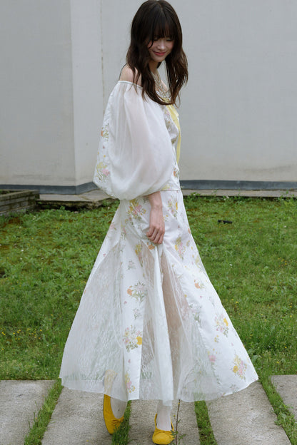 One-Shoulder-Oberteil aus floraler Gaze und Rock-Set