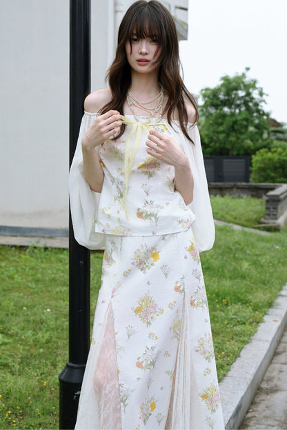 One-Shoulder-Oberteil aus floraler Gaze und Rock-Set
