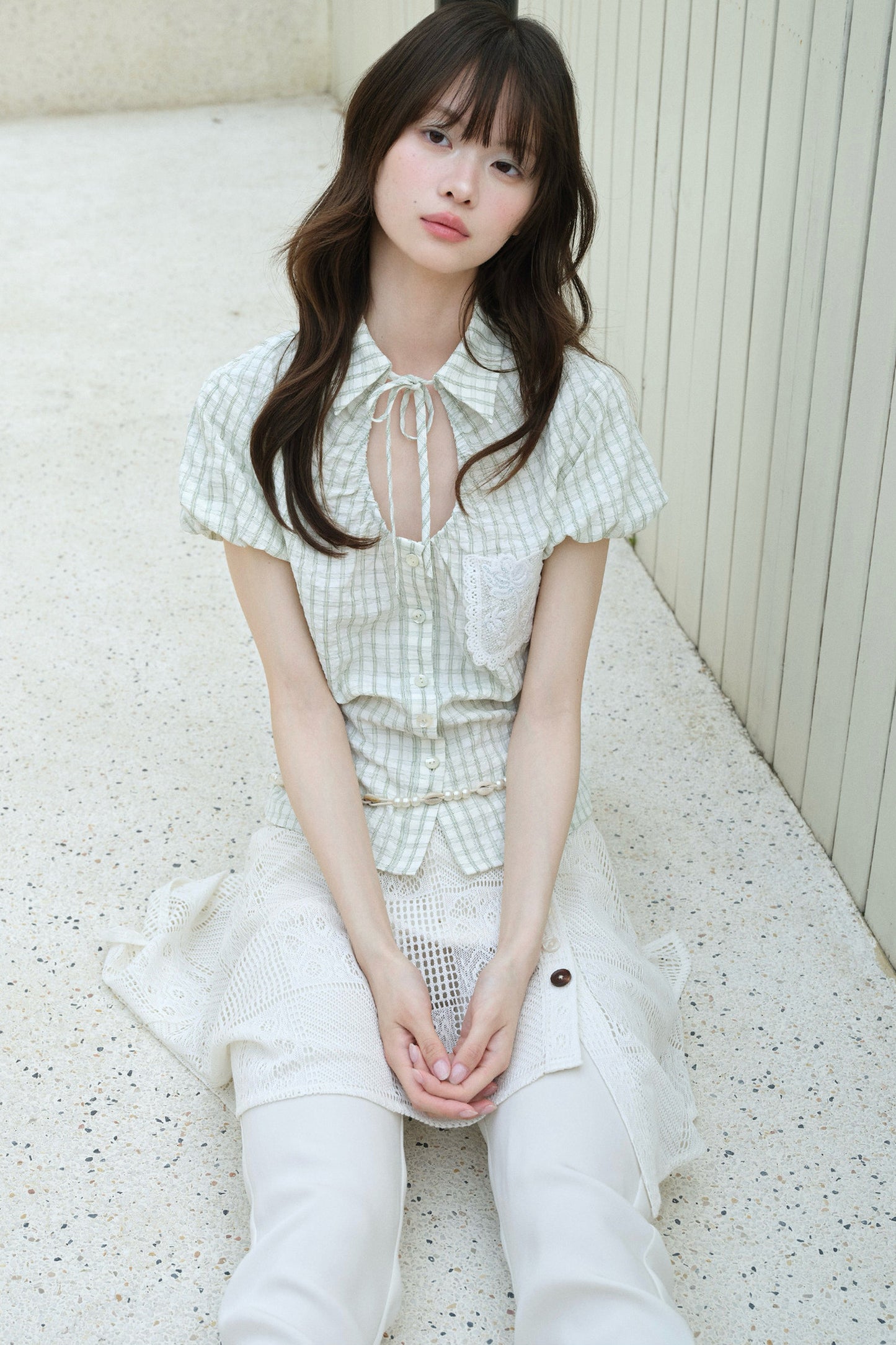 Light Green Plaid Hollow-Out Short-Sleeve Shirt