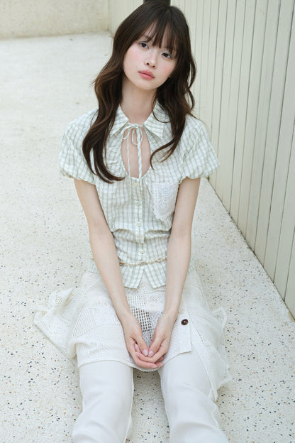 Light Green Plaid Hollow-Out Short-Sleeve Shirt
