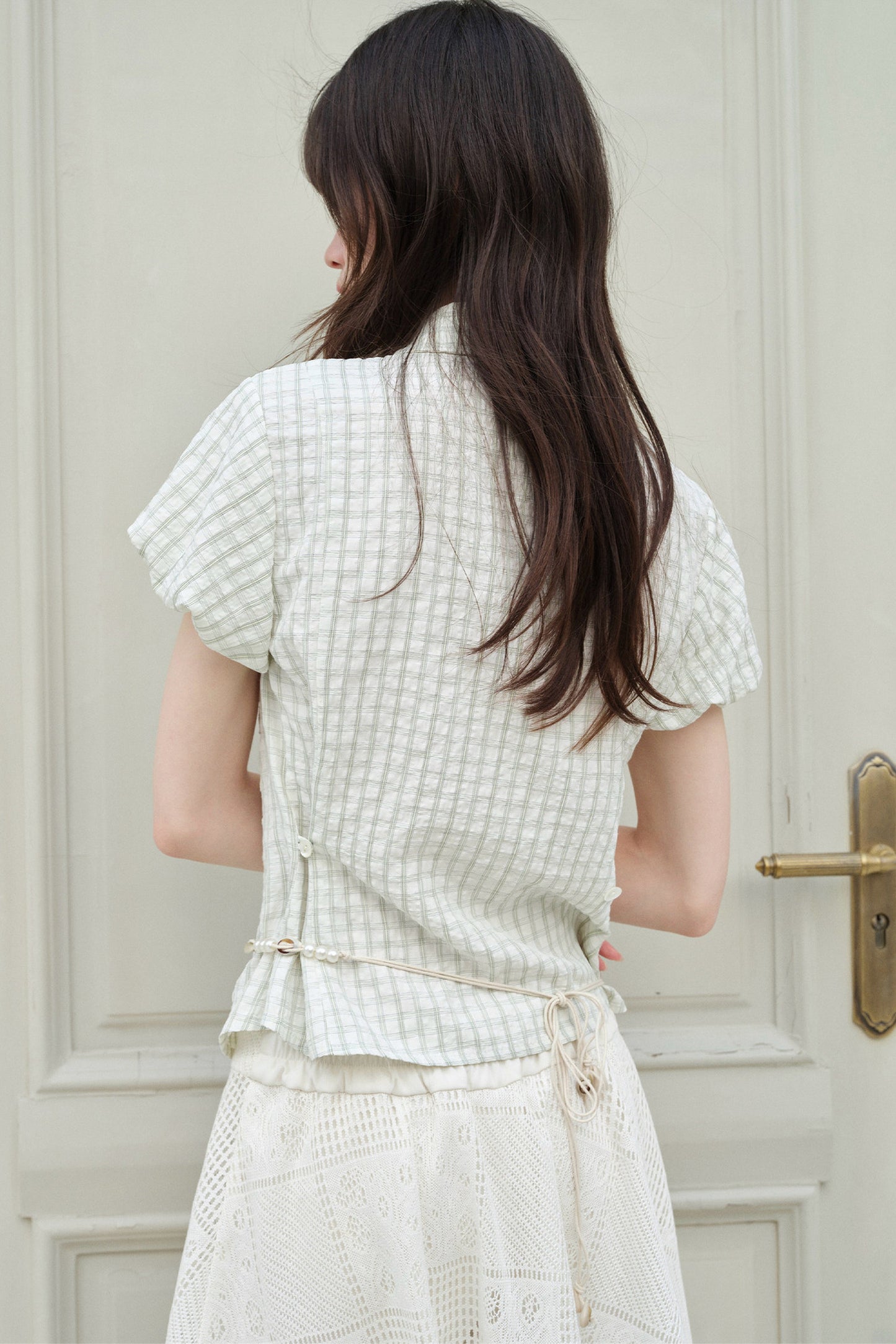 Light Green Plaid Hollow-Out Short-Sleeve Shirt