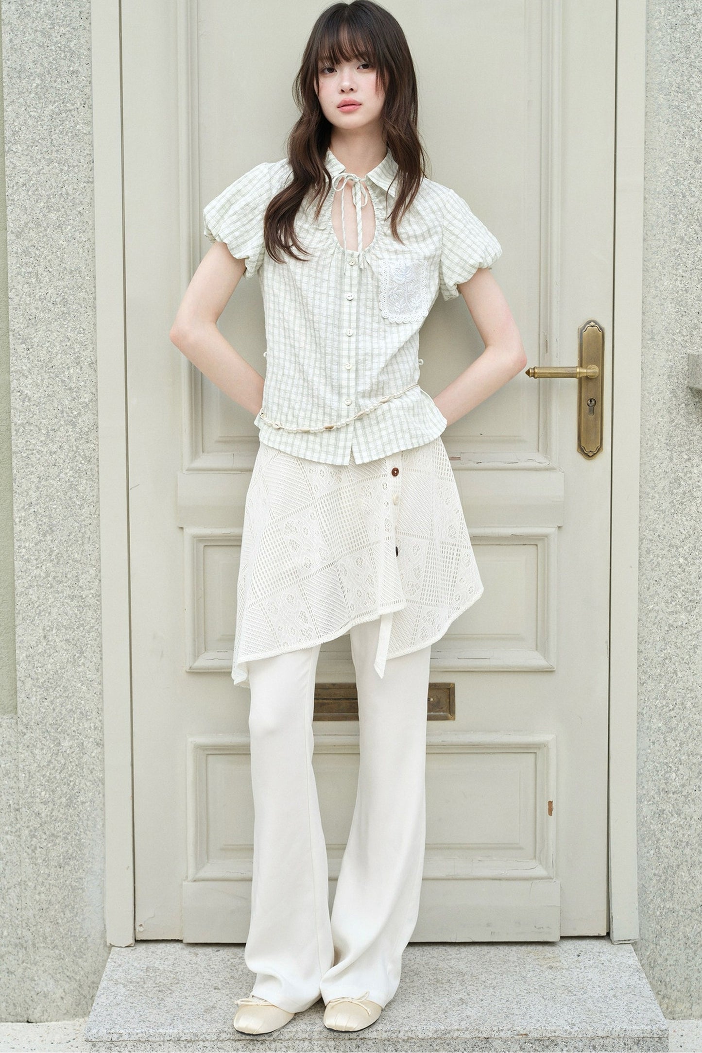 Light Green Plaid Hollow-Out Short-Sleeve Shirt