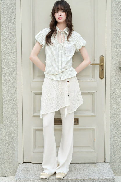 Light Green Plaid Hollow-Out Short-Sleeve Shirt