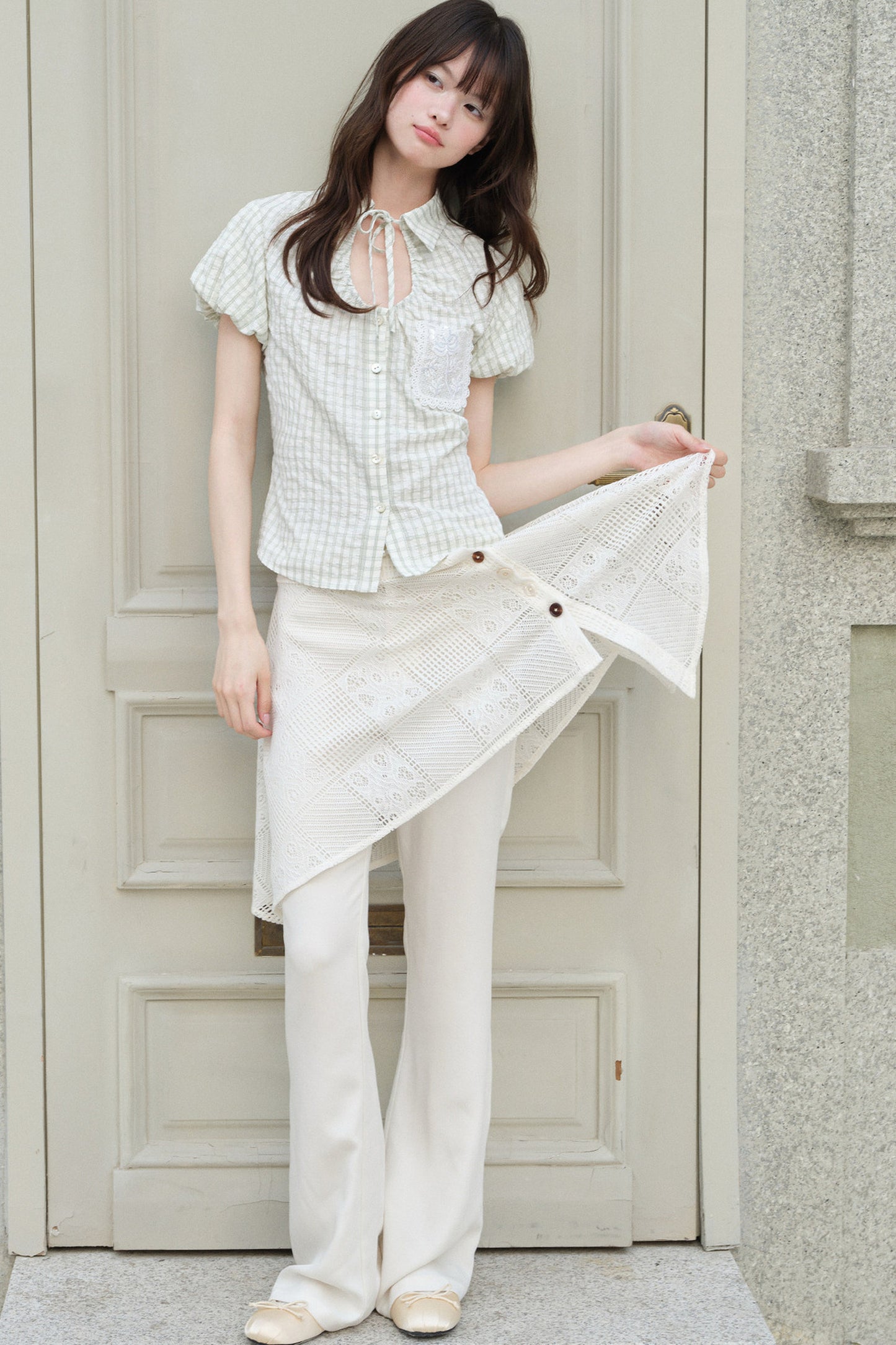 Light Green Plaid Hollow-Out Short-Sleeve Shirt