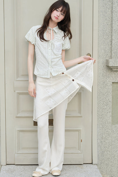 Light Green Plaid Hollow-Out Short-Sleeve Shirt