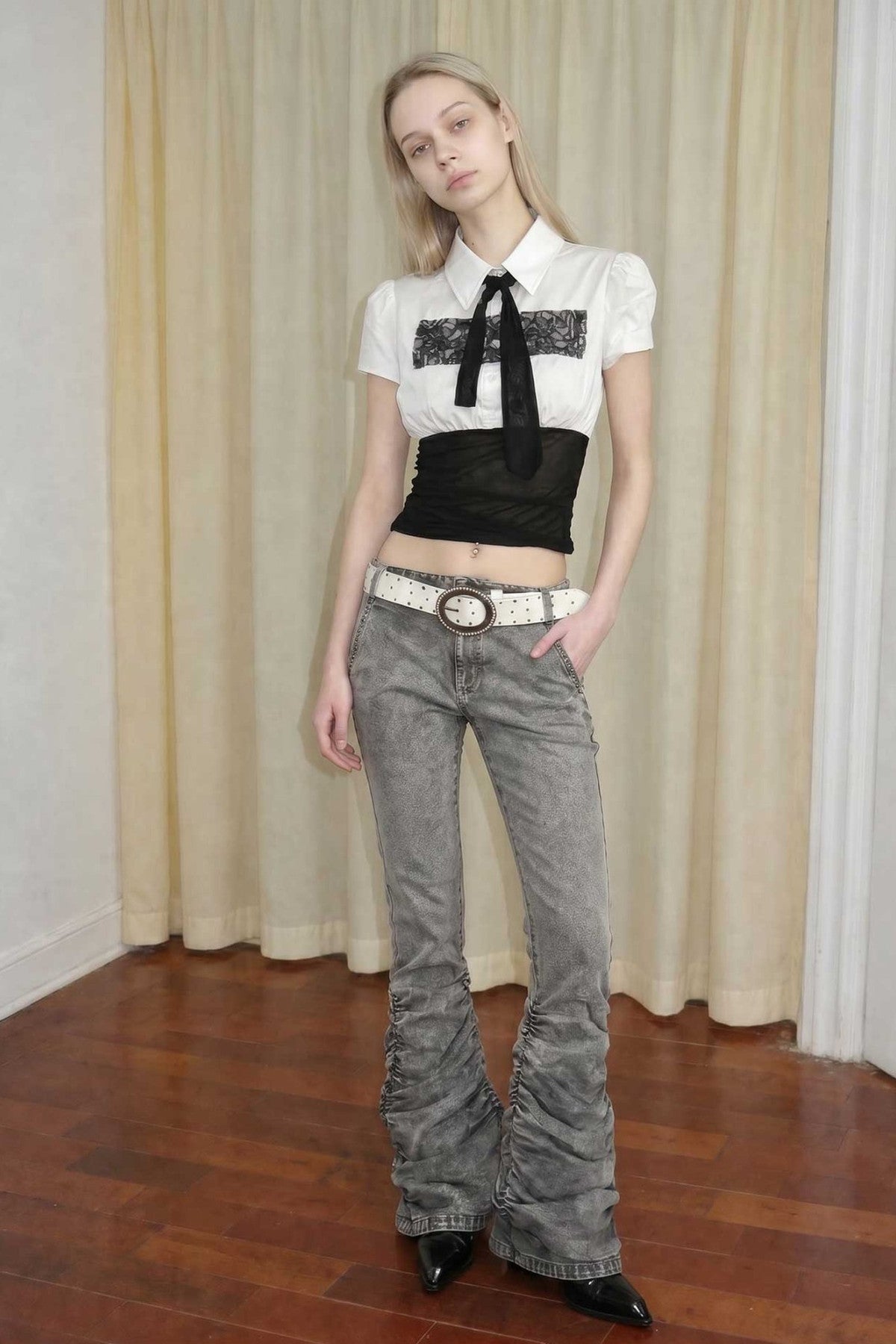 White Lace Panel Tie Shirt