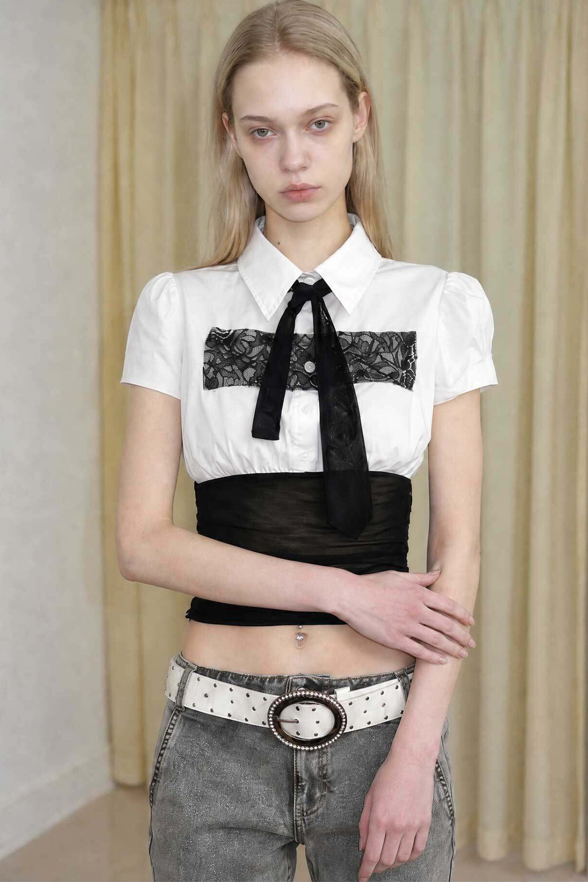 White Lace Panel Tie Shirt