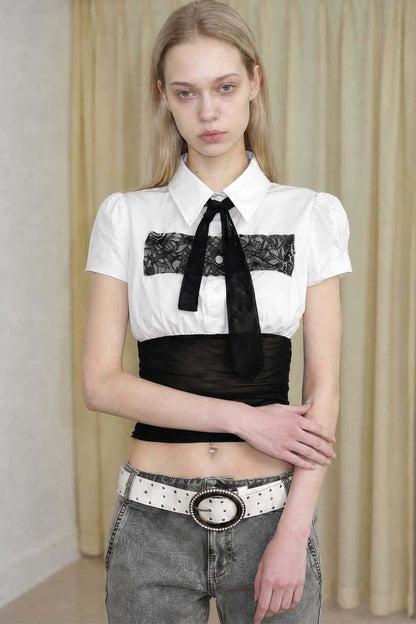 White Lace Panel Tie Shirt