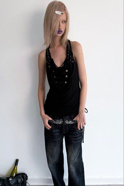 Scimitar-Cut Sequin Distressed Jeans